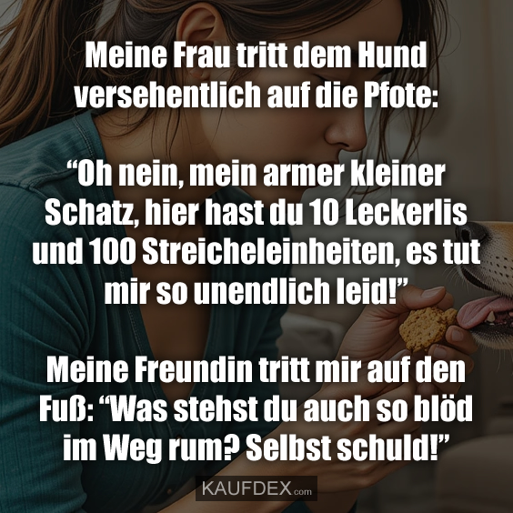 Meine Frau tritt dem Hund versehentlich auf die Pfote: